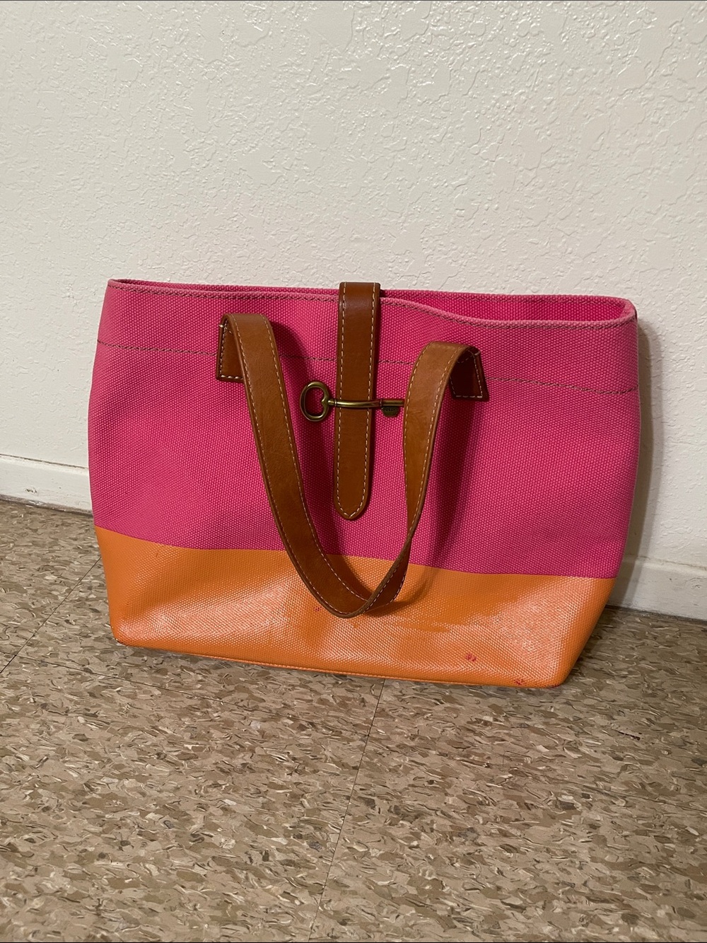 Fossil Canvas Colorblock Tote Bag in Pink & Orange